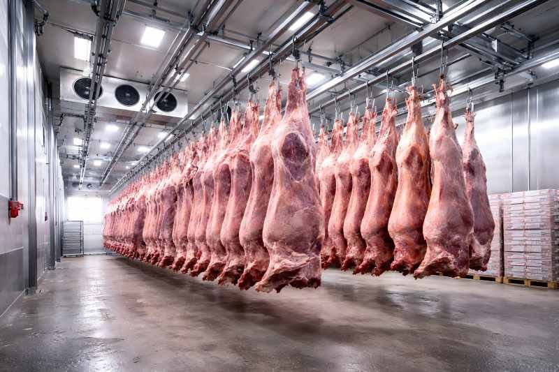 Halal beef carcasses hanging in a cold storage room after slaughtering at FHA Exports