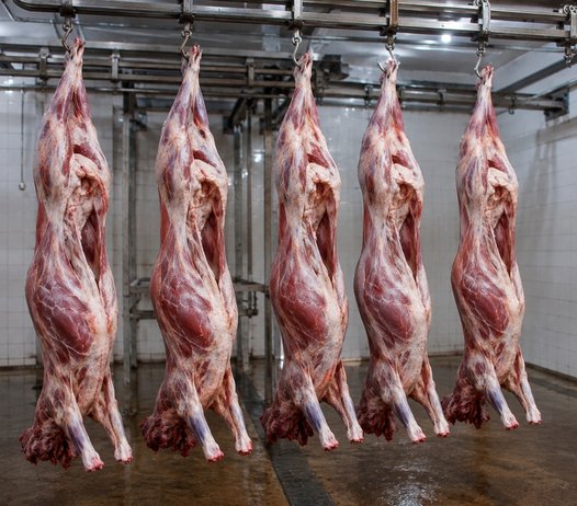 FHA Exports fresh halal meat - close up of hanging carcasses